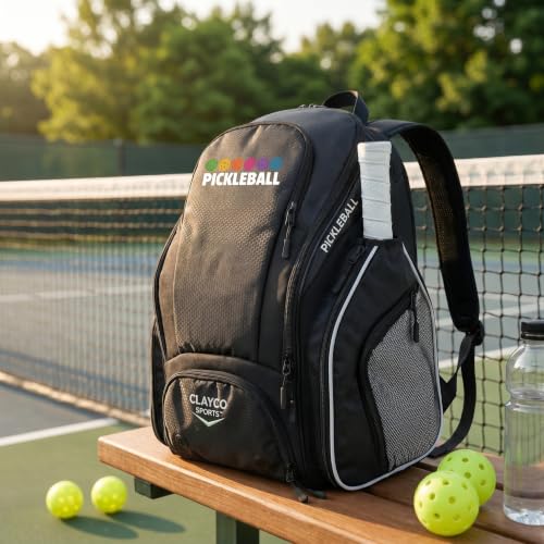 Personalized Pickleball Backpack - Large Pickle Ball Bag with Shoe Compartment, Fence Hook, Paddle Holder - Gifts for Men & Women - color: Black and White