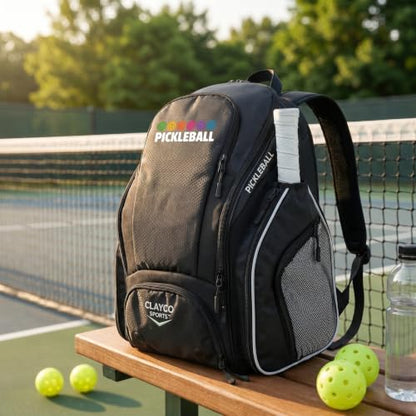 Personalized Pickleball Backpack - Large Pickle Ball Bag with Shoe Compartment, Fence Hook, Paddle Holder - Gifts for Men & Women - color: Black and White