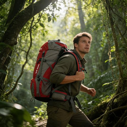 70L Camping Hiking Backpack with Rain Cover Waterproof Backpacking Backpack for Hiking Treeking Climbing Outdoor - color: Red