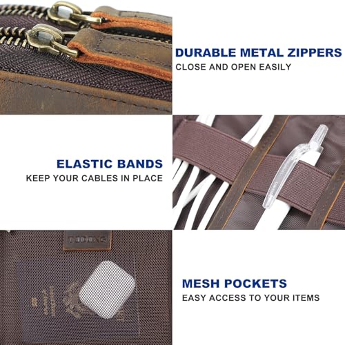 TIDING Leather Cable Electronics Organizer Case, Double Layer Travel Electronic Storage Bag for Charger, Cables, Phone, SD Card