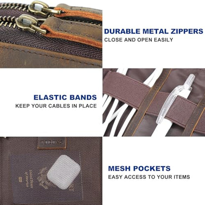 TIDING Leather Cable Electronics Organizer Case, Double Layer Travel Electronic Storage Bag for Charger, Cables, Phone, SD Card