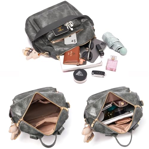 Soperwillton Women Backpack Purse Multipurpose Design Handbags Shoulder Bag PU Leather Travel bag Backpack Set 2pcs - color: Darkgrey