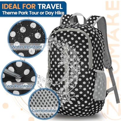 ZOMAKE Ultra Lightweight Packable Backpack 25L, Foldable Hiking Backpacks Water Resistant Small Folding Daypack for Travel(Black, White Polka Dot) - color: Black, White Polka Dot