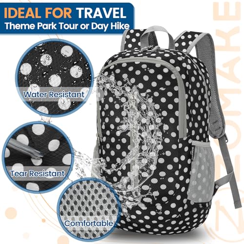 ZOMAKE Ultra Lightweight Packable Backpack 25L, Foldable Hiking Backpacks Water Resistant Small Folding Daypack for Travel(Black, White Polka Dot) - color: Black, White Polka Dot
