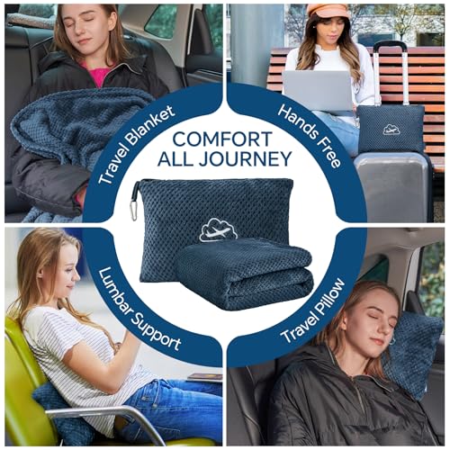 BEDELITE Travel Blanket with Bag, Ultra-Soft Jacquard Fleece Blanket with Luggage Sleeve & Backpack Clip, Airplane Blanket Travel Essentials, Navy - color: Navy