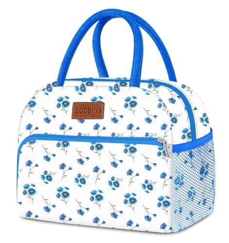 Coobiiya Lunch Bag Women, Lunch Box for Women Adult Men, Small Lunch Bag Leak-proof Cute Lunch Tote Large Capacity Reusable Insulated Cooler for Work/Office/Picnic/Travel-Blue Daisy - color: Blue floral