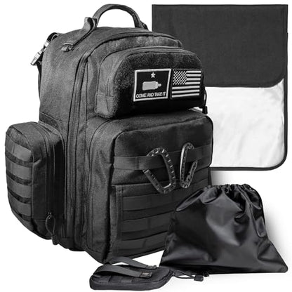 Dad Diaper Bag - Molle-Style Military Diaper Backpack Made of Rugged 900D Waterproof Polyester with Wider Extra-Long Straps, Pouch for Dirty Diapers, Baby Wipes Dispenser & Insulated Bottle Pockets - color: Black