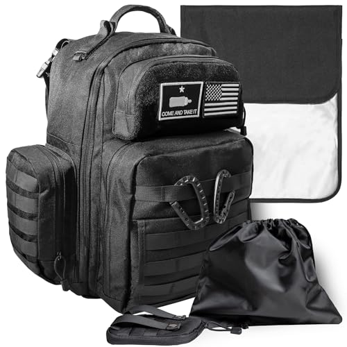 Dad Diaper Bag - Molle-Style Military Diaper Backpack Made of Rugged 900D Waterproof Polyester with Wider Extra-Long Straps, Pouch for Dirty Diapers, Baby Wipes Dispenser & Insulated Bottle Pockets - color: Black