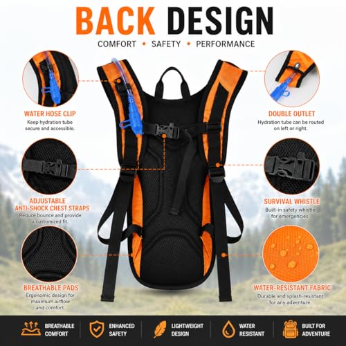Zavothy Hydration Backpack with 2L Hydration Bladder Water Backpack for Hiking Hydration Pack for Running Cycling Hiking - color: Orange