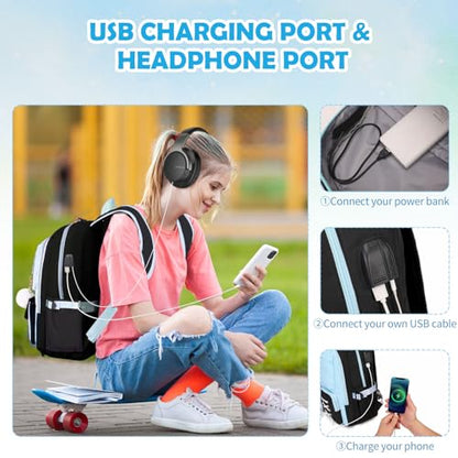 Backpacks for Girls, Girls Backpack with Lunch Box and Pencil Case for Teen Kids Elementary Middle High School College Student, Children Backpack Bookbag with USB Charging Port (Black Blue with Chain) - color: Black & Blue With Chain