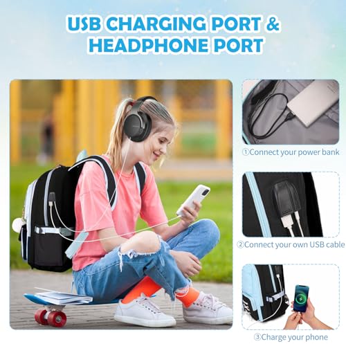 Backpacks for Girls, Girls Backpack with Lunch Box and Pencil Case for Teen Kids Elementary Middle High School College Student, Children Backpack Bookbag with USB Charging Port (Black Blue with Chain) - color: Black & Blue With Chain