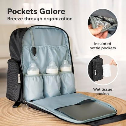 KeaBabies Diaper Bag Backpack for Girls, Boys - Mom and Dad Baby Bag with Diaper Changing Pad for Newborns, Toddlers, 2 Kids (Charcoal)