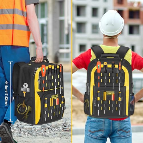 18Inch Electrician Tool Backpack with USB Port,Waterproof HVAC Tool Bag Backpack for Men,Heavy Duty Technician Backpack with 23 Pockets and S-shaped Shoulder Straps,Black & Yellow