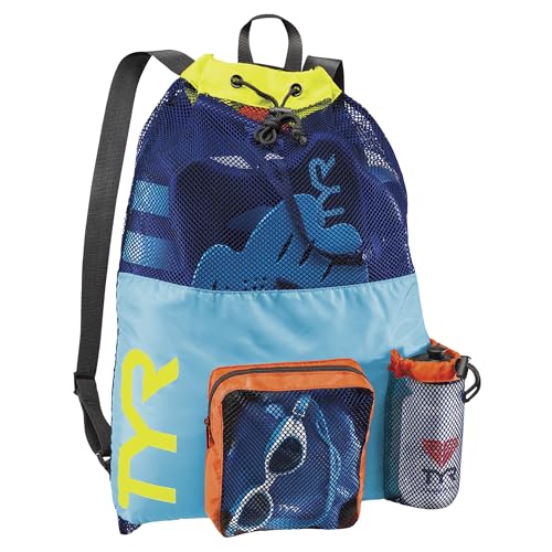 TYR Big Mesh Mummy Backpack for Swim, Gym and Workout Gear, Black, 40-Liter Capacity - color: Blue/Yellow