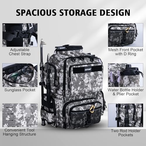 Goture Fishing Backpack, 900D Water-Resistant Tackle Backpack with Rod Holders, 45L Large Fishing Bag Storage Gear Tackle Bag with 8 Lure Pockets, Rain Cover for Camping Hiking(Without Tackle Box) - color: 45L Digital Camo with 8 Lure Pockets