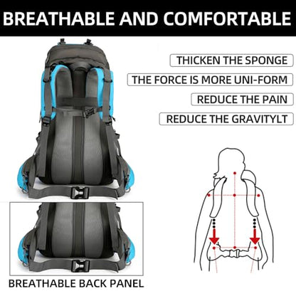 King'sGuard 60L waterproof lightweight hiking backpack with rain cover and shoe compartment outdoor sports travel backpack (Light blue) - color: Lightblue