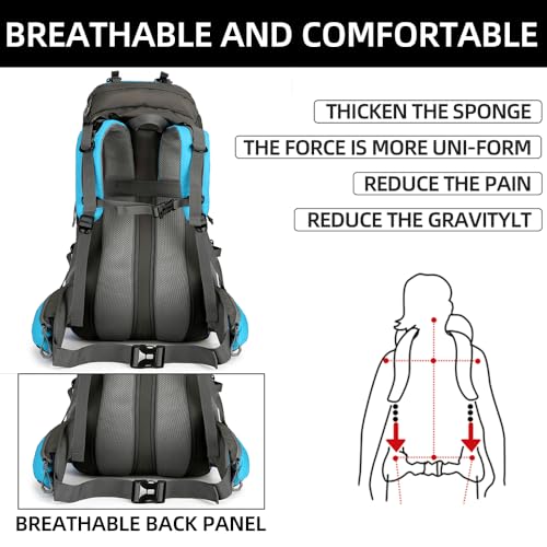 King'sGuard 60L waterproof lightweight hiking backpack with rain cover and shoe compartment outdoor sports travel backpack (Light blue) - color: Lightblue