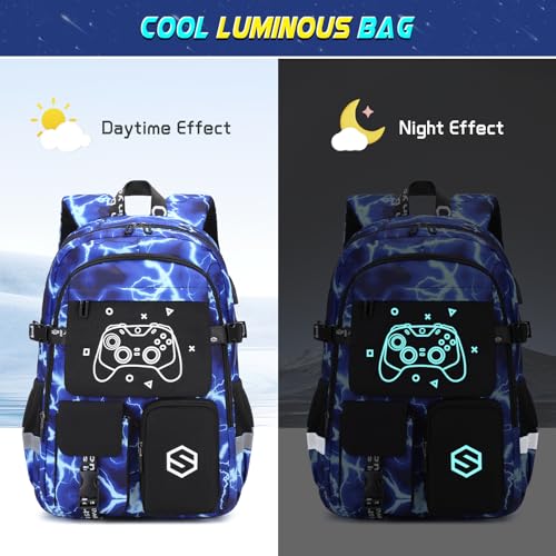 Scothen Boys Backpack, Cool Luminous Gamer School Backpacks for Boys with 14oz Insulated Water Bottle Lunch Bag Pencil Case, Kids Backpack Book Bags for Kindergarten Elementary Middle School - color: Lightning-blue