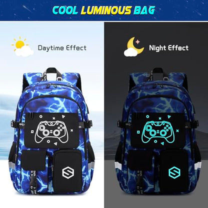Scothen Boys Backpack, Cool Luminous Gamer School Backpacks for Boys with 14oz Insulated Water Bottle Lunch Bag Pencil Case, Kids Backpack Book Bags for Kindergarten Elementary Middle School - color: Lightning-blue