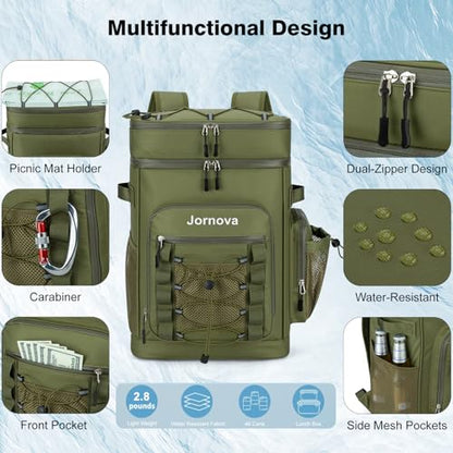 Insulated Cooler Backpack, 35L Leakproof Backpack with Double Compartments for Men & Women, Large Lunch Cooler for Camping, Beach, Travel, Picnic, Up to 48 Cans - color: Army Green