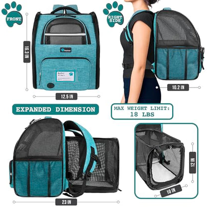 PetAmi Expandable Dog Backpack Carrier for Cats & Pets, Breathable Cat Carrier Backpack with Top Window & Multi-Entry, Ventilated Foldable Travel Carrier for Small Medium Pets up to 18 lbs, Teal Blue - color: Turquoise