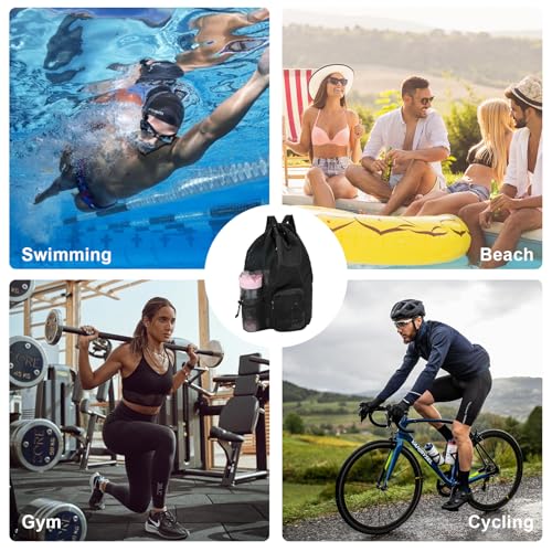 Mesh Backpack,Mesh Swim Drawstring Backpacks with Wet/Dry for Beach,Swimming,Gym,Pool,Workout Gear and Sports, Black