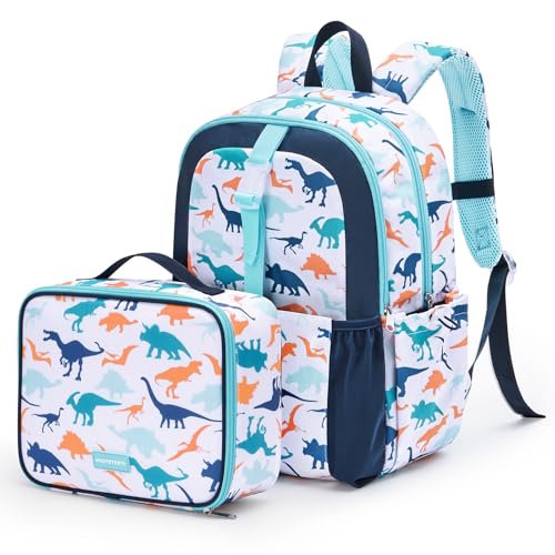 mommore Kids Backpack for Boys Girls 4-8 Kindergarten Elementary School Backpack with Lunch Box - 15” H Fit Folder - color: Blue Dinosaur, style: 2 Pcs