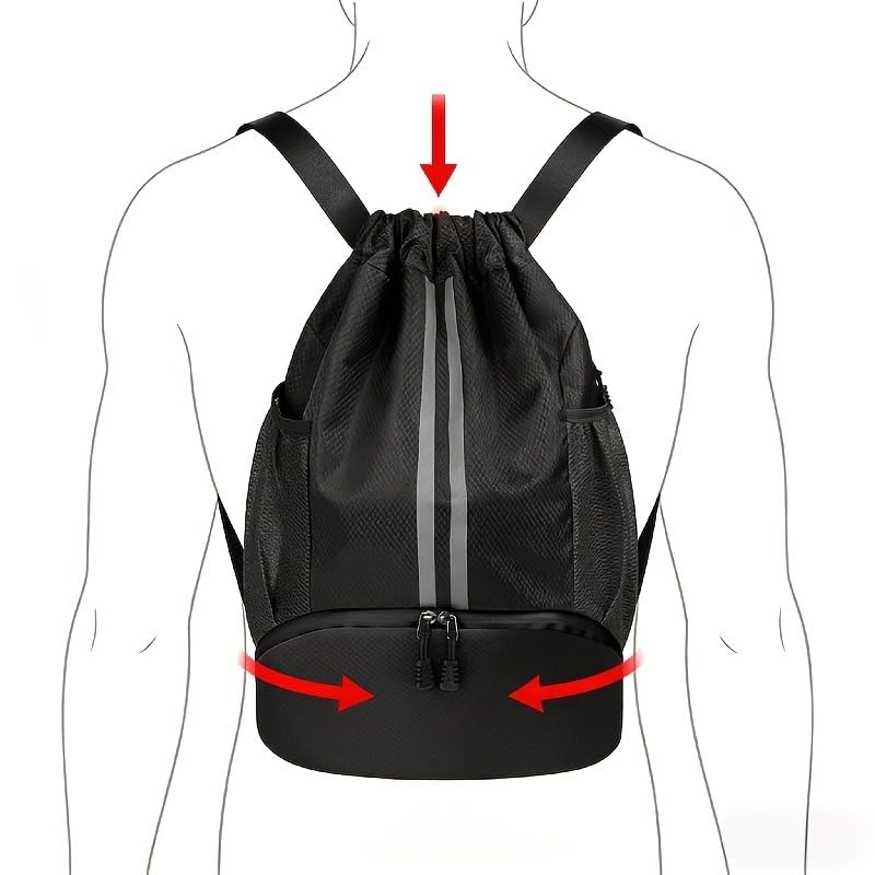 Drawstring Backpack with Separate Shoes Compartment, Water Resistant Cinch Sack Bag for Soccer Basketball Swimming Beach Sports for Men Women - color: Black