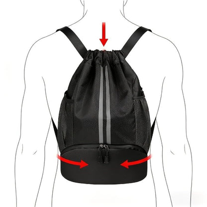 Drawstring Backpack with Separate Shoes Compartment, Water Resistant Cinch Sack Bag for Soccer Basketball Swimming Beach Sports for Men Women - color: Black