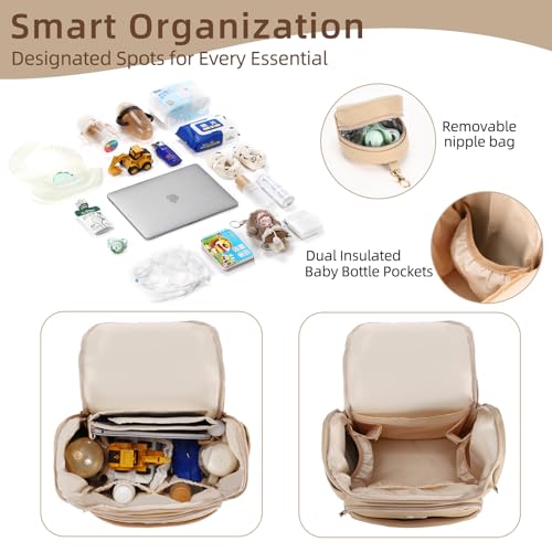 Large Leather Diaper Bag Backpack, Baby Travel Bag with Changing Pad, Insulated Pockets, Stroller Straps and Pacifier Case, Water-Resistant Diaper Bag for Mom and Dad, Khaki - color: Khaki