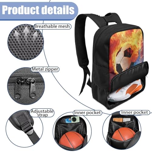 18.5in Basketball Backpack Basketball Bag with Shoe Compartment & Ball Holder, Waterproof Bag for Soccer Volleyball - color: Realistic Soccer Flame Print