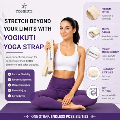 Yogikuti Premium Cotton Yoga Strap | Adjustable Yoga Belt for Stretching, Flexibility, Balance & Alignment | Yoga Accessories for Beginners, Pilates, Meditation, Exercise, Fitness & Physical Therapy - size: 9ft(3mtr)