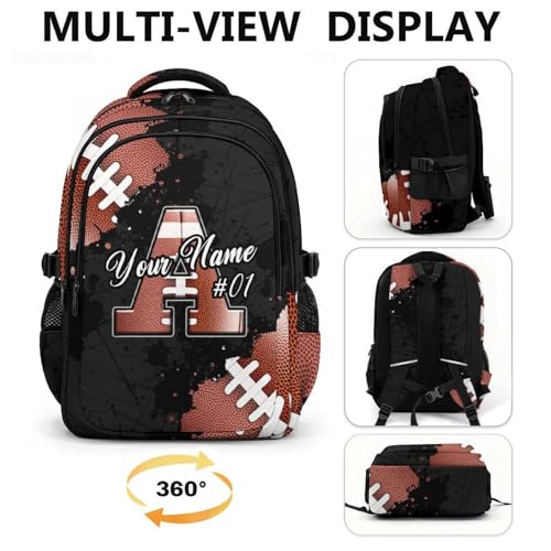 COZYAURA Boys Backpack Personalized Football School Bag for Kids - Custom Initial Sports Bookbag, 17 Inch Large Capacity Daypack for School, Travel, Football Lovers - color: Brown