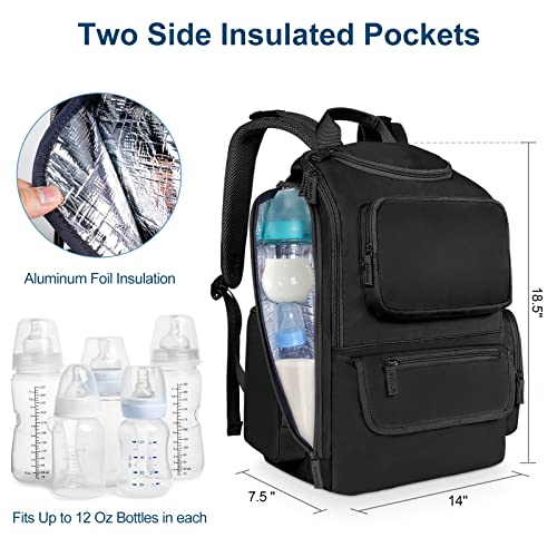 Mancro Diaper Bag Backpack, Multifunctional Dad Diaper Bag with 2 Side Insulated Pockets, Travel Water Resistant Baby Diaper Backpack for Men Women with Stroller Straps, Black - color: Black, size: Large
