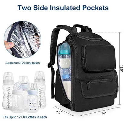 Mancro Diaper Bag Backpack, Multifunctional Dad Diaper Bag with 2 Side Insulated Pockets, Travel Water Resistant Baby Diaper Backpack for Men Women with Stroller Straps, Black - color: Black, size: Large