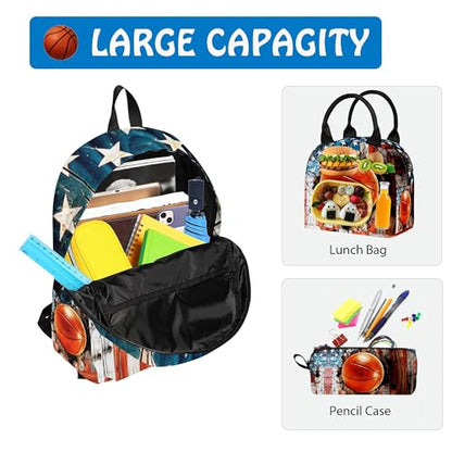 3PCS Backpack for Girls Boys,Teens Flag Basketball Back to School Backpack with Lunch Box Pencil Case, 17 Inch Lightweight Students Backpack 3 in 1 Set for Elementary Middle High School - color: American Flag Basketball