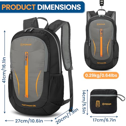 ZOMAKE Ultra Lightweight Packable Backpack 25L, Foldable Hiking Backpacks Water Resistant Small Folding Daypack for Travel(Black & Medium Grey) - color: Black & Medium Grey
