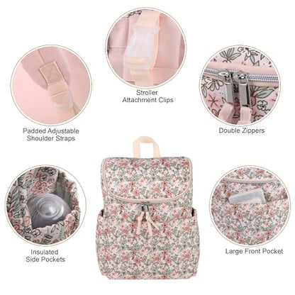 Multi-Function Floral Diaper Backpack and Travel Nappy Baby Bag with Changing Pad and Stroller Straps (Freshly Floral) - color: Freshly Floral