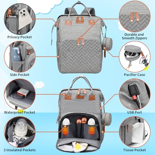 Baby Diaper Bags with Changing Station, Multifunctional Diaper Bag Backpack for Moms Dads with USB Charging Port, Waterproof Travel Diaper, Baby Shower Gifts for Baby Boy & Girls (Gray) - color: Gray