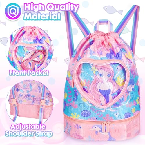 Drawstring Backpack for Kids Girls, Cute Cartoon Mermaid Waterproof Drawstring Bag String Swim Gym Sports Beach Bag with Shoes Compartment and Wet Proof Pocket - color: J07. Mermaid