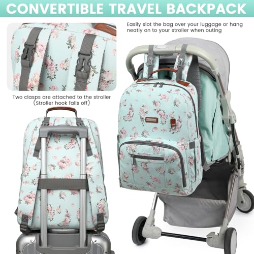 Diaper Bag Backpack, Large Baby Nappy Bags with Portable Changing Pad for Boys and GirlsMultifunction Travel Baby Bag for Moms Dads, Shower Gifts Waterproof and Stylish，Flower Green - color: Flower Green