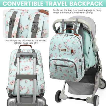Diaper Bag Backpack, Large Baby Nappy Bags with Portable Changing Pad for Boys and GirlsMultifunction Travel Baby Bag for Moms Dads, Shower Gifts Waterproof and Stylish，Flower Green - color: Flower Green