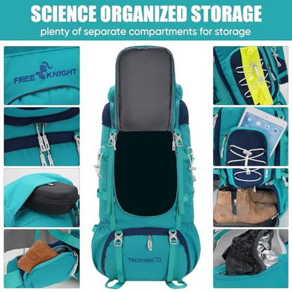 Bseash 70L (65+5) Waterproof Hiking Camping Backpack with Rain Cover, Outdoor Sport Travel Daypack for Climbing Touring (Blue Green) - color: Blue Green