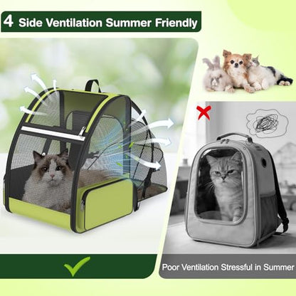 Cat Backpack Carrier for Travel Hiking: Expandable Foldable Breathable Mesh Soft Sided Ergonomic Design Small Dog Puppy Kitty up to 15lbs Camping Outdoor Green