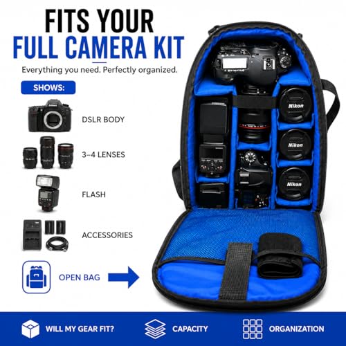 Acuvar Camera Backpack Bag for DSLR & Mirrorless Cameras – Padded Camera Case with Customizable Dividers, Rain Cover, Laptop Storage, Fits Canon Nikon Sony Camera & Lenses