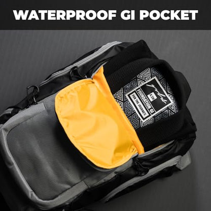 Gold BJJ Jiu Jitsu Backpack - Heavy Duty Gym Bag with Waterproof Gi Pocket - color: Grey