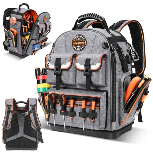 Tool Bag Backpack - Heavy Duty Tool Backpack, HVAC Tool Backpack Bag Organizer, Electrician Tool Bag with Laptop Compartment, Waterproof Molded Base, Combination lock & Durable 1680D - Gray