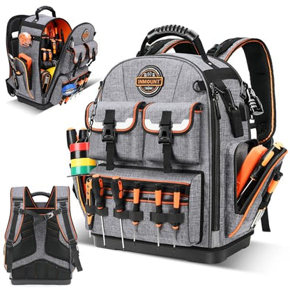 Tool Bag Backpack - Heavy Duty Tool Backpack, HVAC Tool Backpack Bag Organizer, Electrician Tool Bag with Laptop Compartment, Waterproof Molded Base, Combination lock & Durable 1680D - Gray