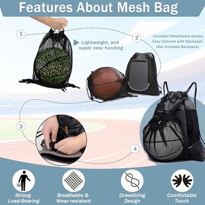 STAY GENT Drawstring Basketball Backpack for Boys, Foldable Soccer Backpack Gym Bag Sackpack Sports Sack with Detachable Ball Mesh Bag for Volleyball Baseball Yoga - color: Coal Black