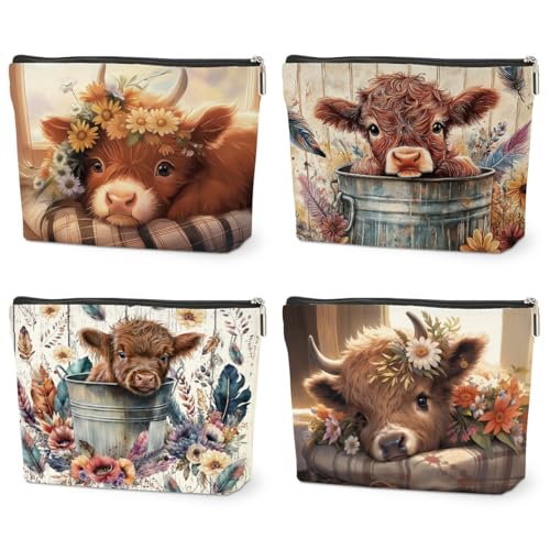 4 PCs Highland Cow Makeup Bag Cow Print Stuff Highland Cow Gifts Cosmetic Bag, Western Gifts for Women Scottish Girls Best Friends Coworkers, Cute Cow Stuff Christmas birthday Gifts Zipper Pouch - color: highland cow makeup bag